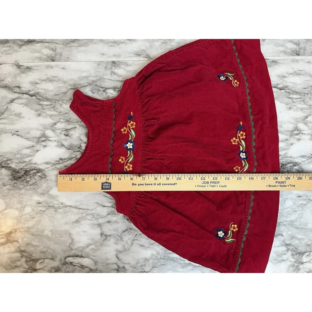 Samara Vtg 90's Red Corduroy Jumper Dress Embroidered Floral Girls 3T Cotton